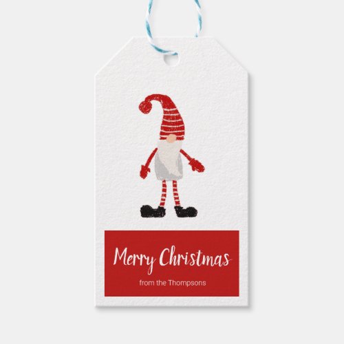 Merry Christmas Red Gray Gnome Nordic Stripe Gift Tags