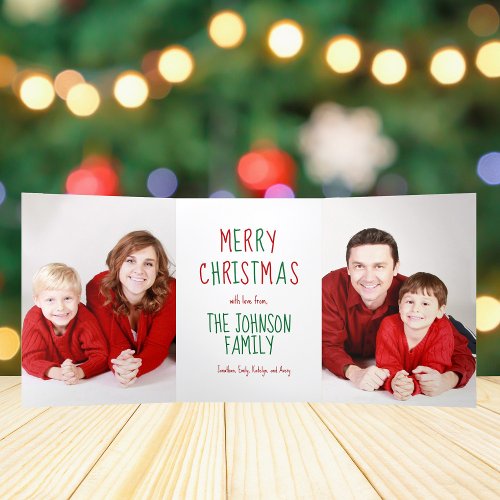 Merry Christmas Red Green 4 Family Photo Cute Tri_Fold Holiday Card
