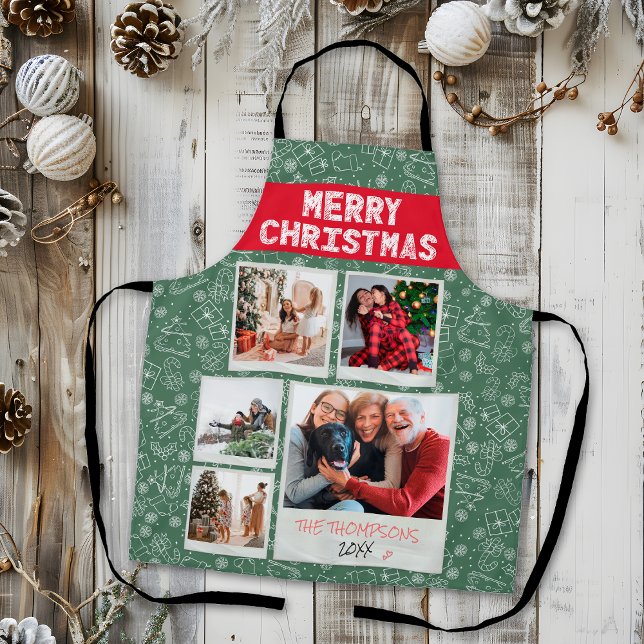 Merry Christmas Red Green 5 Photo Family Gift Apron (Creator Uploaded)