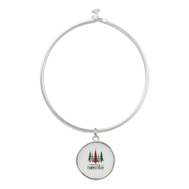 Merry Christmas Red Green and Black Plaid Trees Bangle Bracelet (Front)