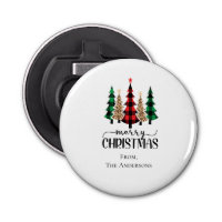 Merry Christmas Red Green and Black Plaid Trees  Bottle Opener