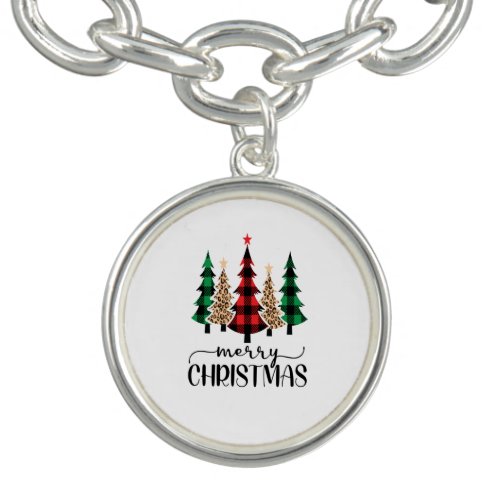 Merry Christmas Red Green and Black Plaid Trees Bracelet