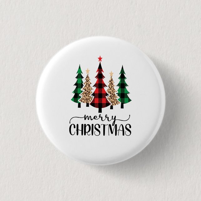 Merry Christmas Red Green and Black Plaid Trees Button (Front)