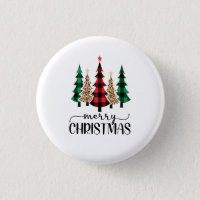 Merry Christmas Red Green and Black Plaid Trees Button