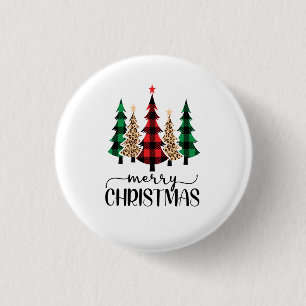 Merry Christmas Red Green and Black Plaid Trees Button