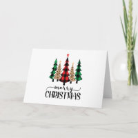 Merry Christmas Red Green and Black Plaid Trees Card