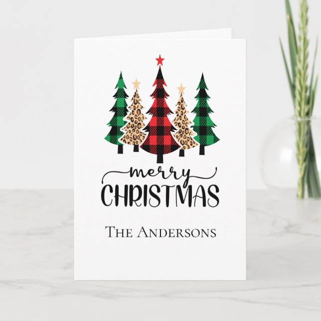 Merry Christmas Red Green and Black Plaid Trees Holiday Card (Front)