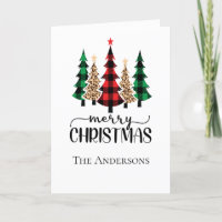 Merry Christmas Red Green and Black Plaid Trees Holiday Card