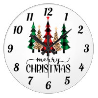 Merry Christmas Red Green and Black Plaid Trees  Large Clock