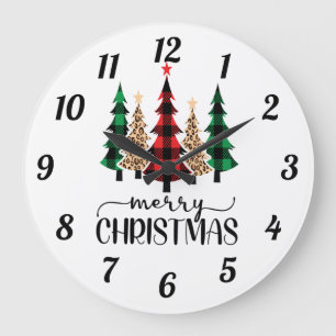 Merry Christmas Red Green and Black Plaid Trees Large Clock