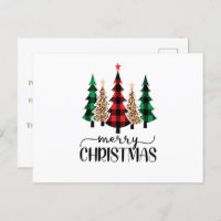 Merry Christmas Red Green and Black Plaid Trees  Postcard