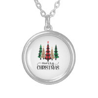 Merry Christmas Red Green and Black Plaid Trees  Silver Plated Necklace