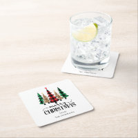 Merry Christmas Red Green and Black Plaid Trees Square Paper Coaster