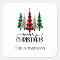 Merry Christmas Red Green and Black Plaid Trees Square Sticker
