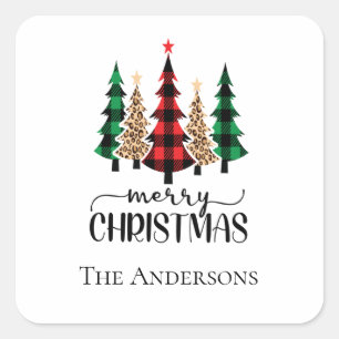 Merry Christmas Red Green and Black Plaid Trees Square Sticker