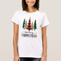 Merry Christmas Red Green and Black Plaid Trees T-Shirt