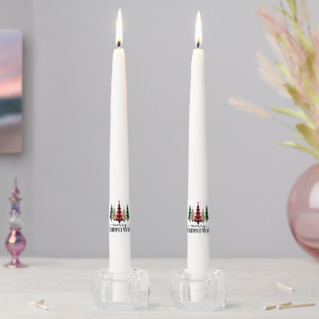 Merry Christmas Red Green and Black Plaid Trees Taper Candle (In Situ)
