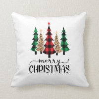 Merry Christmas Red Green and Black Plaid Trees Throw Pillow