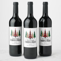 Merry Christmas Red Green and Black Plaid Trees Wine Label