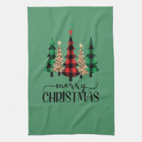 Merry Christmas Red Green Black Buffalo Plaid Tree Kitchen Towel