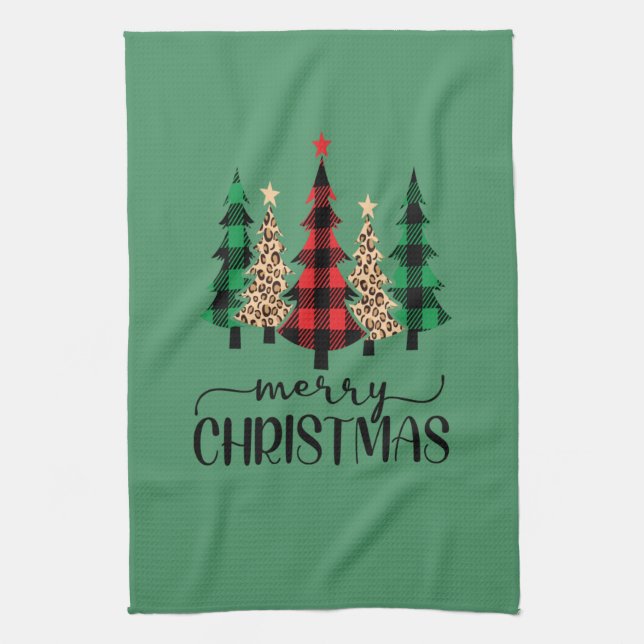 Merry Christmas Red Green Black Buffalo Plaid Tree Kitchen Towel (Vertical)