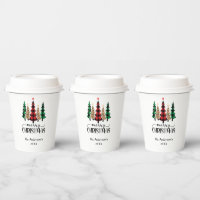 Merry Christmas Red Green Black Buffalo Plaid Tree Paper Cups