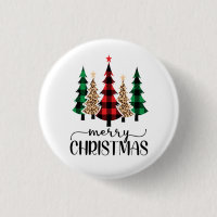 Merry Christmas Red Green Black Plaid Trees  Button