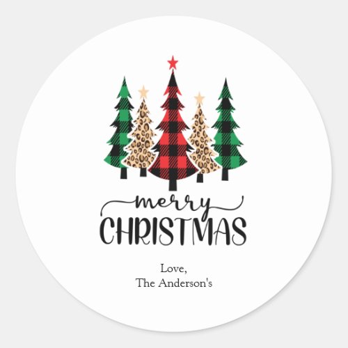 Merry Christmas Red Green Black Plaid Trees Card Classic Round Sticker