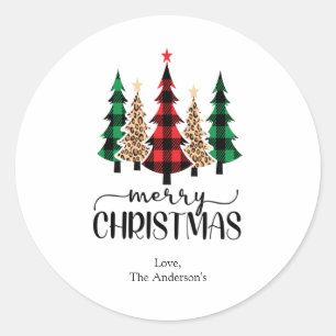 Merry Christmas Red Green Black Plaid Trees Card Classic Round Sticker