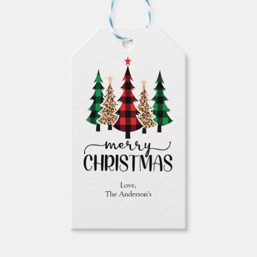 Merry Christmas Red Green Black Plaid Trees Card Gift Tags