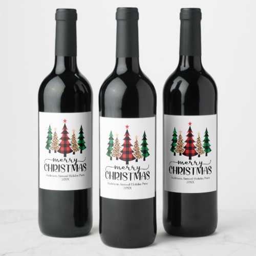 Merry Christmas Red Green Black Plaid Trees Card Wine Label