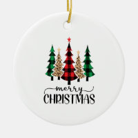 Merry Christmas Red Green Black Plaid Trees Ceramic Ornament