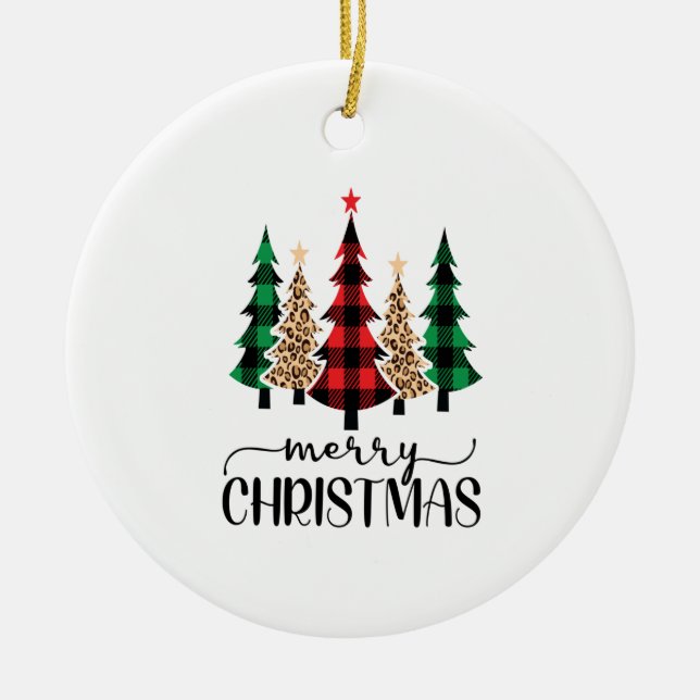 Merry Christmas Red Green Black Plaid Trees Ceramic Ornament (Front)