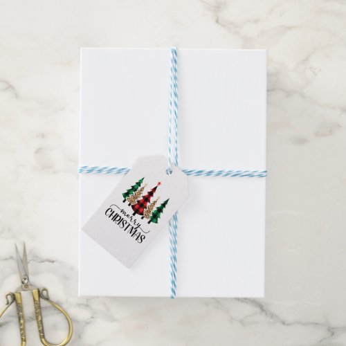 Merry Christmas Red Green Black Plaid Trees Gift Tags