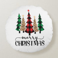 Merry Christmas Red Green Black Plaid Trees  Round Pillow