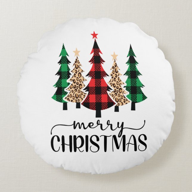 Merry Christmas Red Green Black Plaid Trees  Round Pillow (Front)