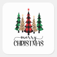 Merry Christmas Red Green Black Plaid Trees  Square Sticker