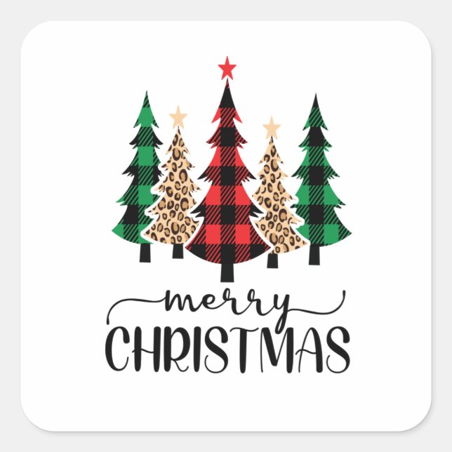 Merry Christmas Red Green Black Plaid Trees  Square Sticker (Front)