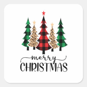 Merry Christmas Red Green Black Plaid Trees Square Sticker