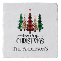 Merry Christmas Red Green Buffalo Plaid Leopard Trivet