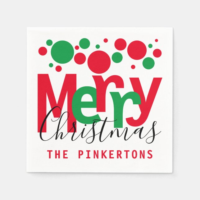 Merry Christmas Red Green Dots Typography Monogram Napkins (Front)