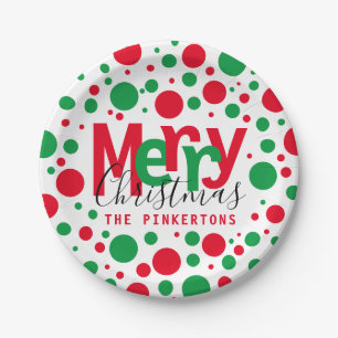 Merry Christmas Red Green Dots Typography Monogram Paper Plates