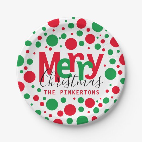 Merry Christmas Red Green Dots Typography Monogram Paper Plates