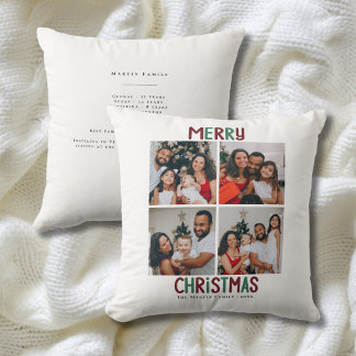 Merry Christmas Red Green Family 4 Photo Modern Throw Pillow