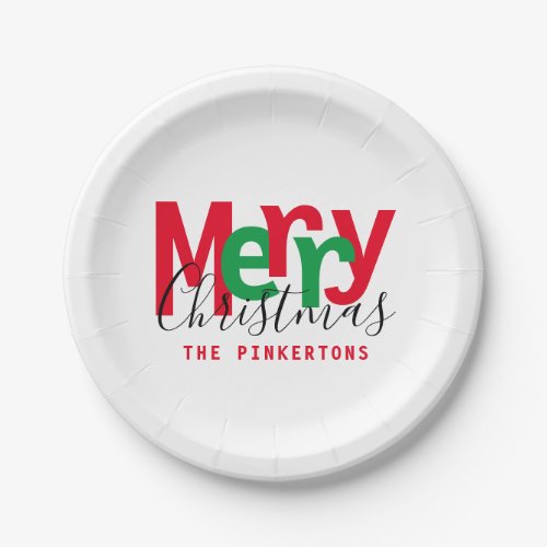 Merry Christmas Red Green Family Monogram Script Paper Plates