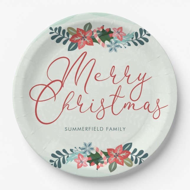 Merry Christmas Red Green Family Name Custom Paper Plates (Front)