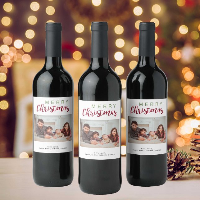 Merry Christmas Red Green Festive Family Photo Wine Label (Creator Uploaded)