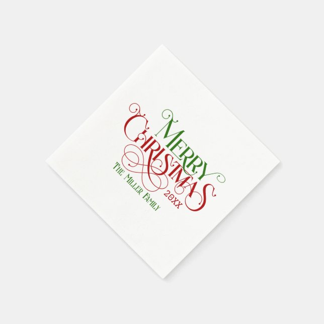 Merry Christmas Red Green Festive Retro Typography Napkins (Corner)