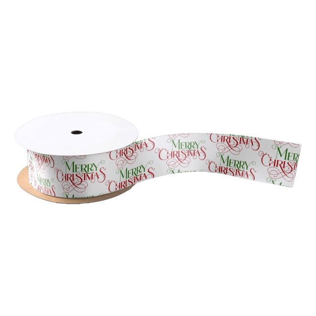 Merry Christmas Red Green Festive Retro Typography Satin Ribbon (Spool)