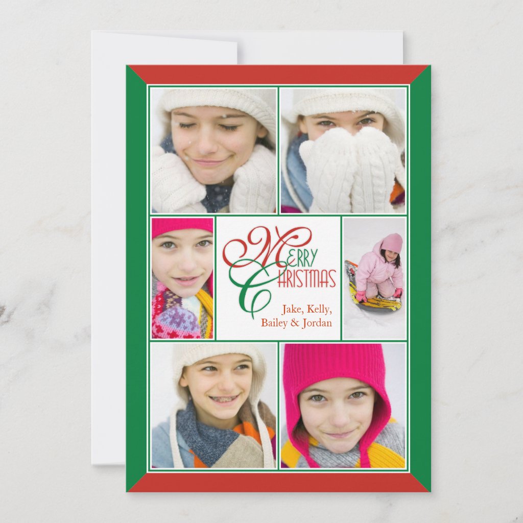 Merry Christmas Red & Green Frame Collage Greeting Holiday Card